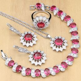 Bracelets Flower Sier Jewellery Rose Red Ruby White Cz Jewellery Sets for Wedding Earrings/pendant/rings/bracelet/necklace Set
