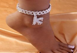 Cute Miaimi AZ Alphabet Anklet Braclet on the Leg Crystal Whole Iced Out Summer Inital Bling Punk Cuban Link Anklet Jewelry70953988907588