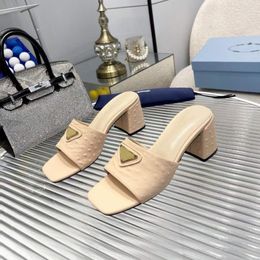 Famous Summer Monolith Women Sandals Pumps Trendy Muller Half Tow Sliders Italy Delicate Khaki Rubber Calfskin Designer Evening Dress Coarse Heel Sandal Box EU 35-43