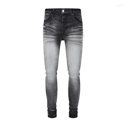 Men's Jeans 2024 Casual Fashion Grey Classic Water Wash And Whitening Distressed Skinny High Street For Men