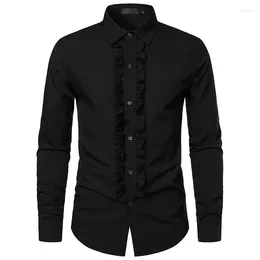 Men's Casual Shirts #4742 Spring Black White Pink Shirt Men Split Joint Ruffles Long Sleeve Turn-down Collar Business Male Euro Size