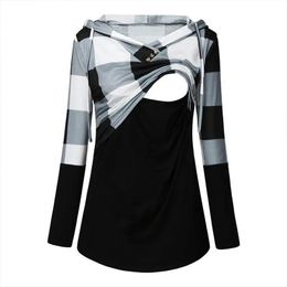 Shirts 2022 Fashion Pregnant Women Stiching Colour Breastfeeding Nursing T Shirts Casual Loose Long Sleeve Tee Tops for Maternity