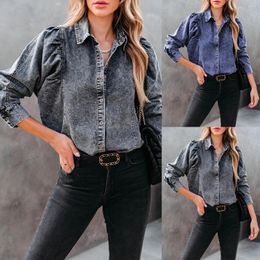 Women's Blouses 2024 Spring Autumn Boho Denim Blouse Casual Loose Shirts For Women Tops Cotton Vintage Puff Long Sleeve Shirt