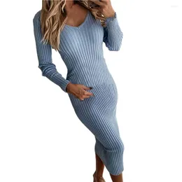 Casual Dresses 2024 Sweater Dress For Women Elastic Bodycon Long Sleeve Knitted Autumn Winter Solid V Neck Midi Pencil Vestidos
