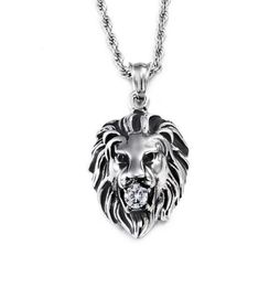 HipHop Viking Lion Necklaces Stainless Steel Gold Colour Punk Animal Lion Head Pendant Necklace With CZ Zircon Crystal For Men Wome6580500