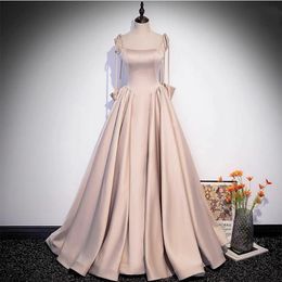 Vintage Long Pink Satin Prom Dresses With Pockets/Pearls A-Line Regular Straps Pleated Watteau Train Party Dress Maxi Formal Evening Dresses for Women