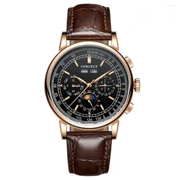 Wristwatches 42mm Men's Automatic Watch Black Dial Gold Case Moon Phase Calendar Multifunction Leather Strap Mechanical Male