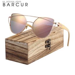 Sunglasses BARCUR Bamboo Cat Eye Sunglasses Polarised Metal Frame Wood Glasses Lady Luxury Fashion Sun Shades With Box Free Q240102