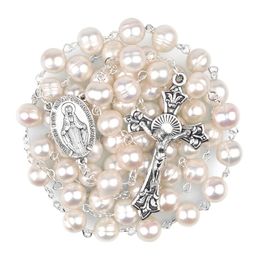 Necklaces Natural Freshwater Pearl 8mm Beads Catholic Virgin Mary Rosaries Women Chain Rosary
