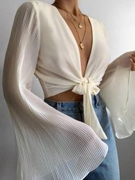 Women's Blouses Elegant Flare Sleeve Solid Colour Top 2024 Fashion Sexy V-neck Long Pleated Lace Up Short Chiffon Shirt