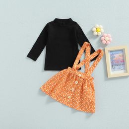 Clothing Sets Girls Suspender Skirt Set Ribbed Long Sleeve Half Turtleneck Tops Printed Button Design Bib