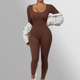 Long Sleeve Jumpsuit Women Bodycon Onepiece Outfit Square Neck Casual Streetwear Rompers Overalls playsuits Bodysuit 231229