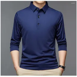 Men's Polos Streetwear Fashion Men Solid Polo Shirts Spring Autumn T-Shirt Korean Long Sleeve Lapel Thin Male Clothes Business Tops 2024
