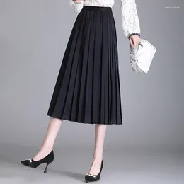 Skirts Vintage Black High Waisted Pleated Mid Length Skirt For Women's Spring And Autumn College Style Set A-line 5XL