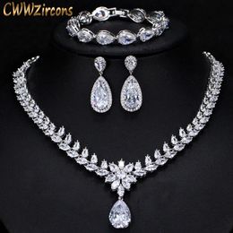 Chokers Cwwzircons Elegant Women Wedding Jewellery African Cz Crystal Leaf Drop Bridal Necklace Bracelet and Earrings Jewellery Sets T294