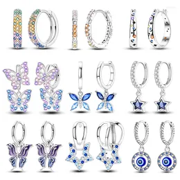 Hoop Earrings 925 Sterling Silver For Women Colourful Zircon Star Butterfly Devil's Eye Pendants Elegant Party Jewellery