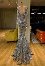 Sparkly Sequin Silver Mermaid Prom Dresses Long Sleeve Arabic Evening Dress Dubai Long Elegant Women Formal Cocktail Party Gala Go5315624