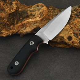 Promotion A1229 Small Survival Straight Knife D2 Satin Drop Point Blade Full Tang G10 Handle Outdoor Camping Fishing Fixed Blade Knives with Leather Sheath