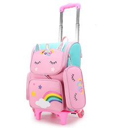 Cartoon Unicorn School Bags Wheeled Backpack for Girls Trolley Bag with Wheels Student Kids Rolling Backpack Trolley Bag 231229