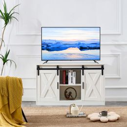 White decorative wooden TV / storage cabinet with two sliding barn doors, available for bedroom, living room, and corridors