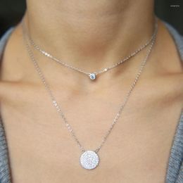 Pendants Authentic Real 925 Sterling Silver Round Full Cz Disco Medal Charm Pendant For Women Luxury Doule Layer Sexy Necklace