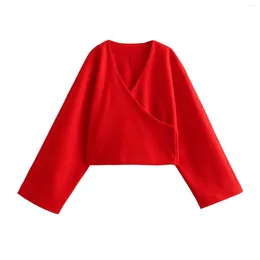 Women's Jackets 2024 Red Cropped Kimono Coat For Women Vintage V-neck Wide Long Sleeve Female Snap Button Short Coats