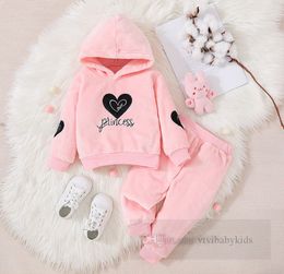 Valentine's Day girls pink fleece clothes sets kids love heart letter embroidery hooded long sleeve sweatshirt pants 2pcs children casual outfits Z6421