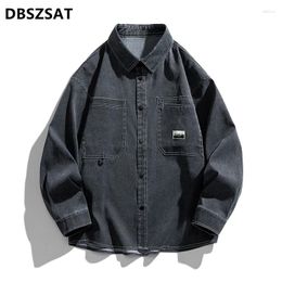 Men's Casual Shirts Men Denim Male Cotton Light Blue Slim Multi-pocket Tooling Quality Man Large Long-sleeved 5XL