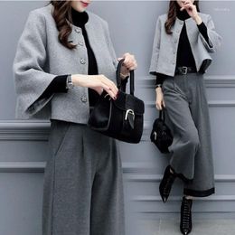 Women's Two Piece Pants Winter Thick Set Women Fashion Luxury Commuter Short Round Neck Tweed Jacket Loose Wide-legged Trousers 2pcs