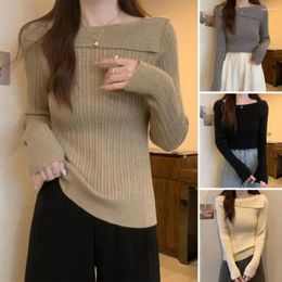 Women's Blouses Women Fall Spring Top Solid Colour Irregular Boat Neck Soft Warm Knitted Long Sleeve Pullover Casual Slim Fit One Size Lady