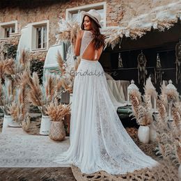 동화 Bohemian Lacefull Wedding O Neck Style Boho Beach Bride 드레스 섹시한 등이없는 소매없는 신부 가운 우아한 시민 국가 로브 마리지