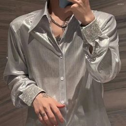 Men's Casual Shirts Mens Nightclub Shiny Personalised Non-Diamond Shirt Autumn Winter Genderless Korean Style Fashion Versatile Long-Sleeve