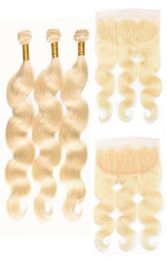 Medium Hair Extensions 613 Blonde Human Hair 3 Bundles And 13x4 Frontal Ear To Ear Brazilian Virgin Hair Weaves Body Wave 1024 In9825112
