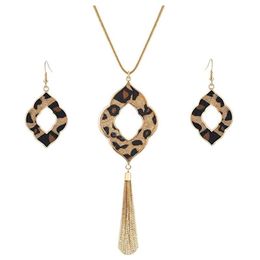 Earrings & Necklace Long For Women Leopard Print Cheetah Leather Drop Dangle Set Geometric Pendant Fringe Tassel289p