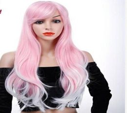 Long Wavy Cosplay Halloween Wig Fake Bangs Pink Wigs01234481375