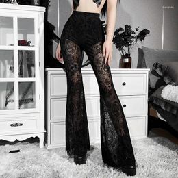 Women's Pants Y2K Gothic Lace Mesh Flare Women Summer Black High Waist Punk Sexy Harajuku Aesthetic Emo Dark Grunge Trousers