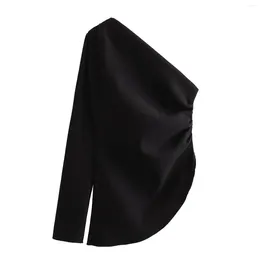 Women's Blouses Fashion Woman Blouse 2024 Black Asymmetric Neckline Ruched Shirt Female Clothing One Long Sleeve Top Autumn Elegant