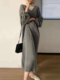 Casual Dresses Women's Sweaters Dress Belt Fall Winter Loose Long SleeveV Neck Vintage Elegant Knitted For Woman 2024