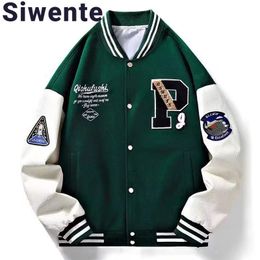 Color Matching Striped Standup Collar Mens Jacket Letter P Trendy Baseball Coat Retro Armband Personalized for Men 240102