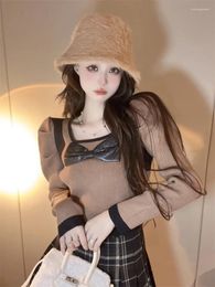 Women's Knits Korejepo Korean Retro Pullover Color Patchwork Square Neck Bow Knit Sweater Women Clothing 2024 Autumn Long Sleeved Short Top