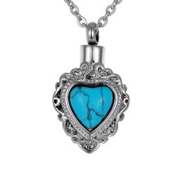 Lily Stainless Steel Cremation Jewelry Retro Pattern Embed Turquoise Memorial Urn Necklace Ash Keepsake with Gift Bag And Chain244Z