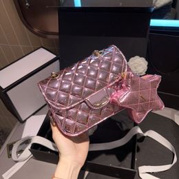 Shiny Pink Patent Leather Women Designer Shoulder Bag with Star Coin Purse Classic Flap Gold Metal Hardware Matelasse Chain 20x13cm 2in1 4 Colors Cross Body Handb