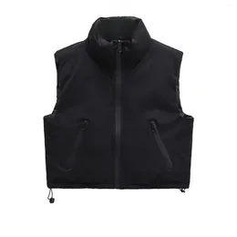 Women's Vests Woman Black Puffer Vintage Turtleneck Zip Up Reversible Cropped Jacket 2024 Autumn Winter Women Down Vest Coat