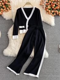 Women's Two Piece Pants Autumn Knitted Sweater Suits Women Matching Sets Long Sleeve Cardigan And Wide Leg Casual Clothes Knitting 2 Set