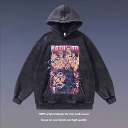 TKPA Harajuku Tidal Card Spell Return Battle Printed Washed Old Couple Hoodies Hip Hop Street Hooded for Men and Women