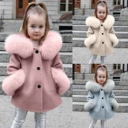 Moda inverno crianças meninas roupas crianças casaco à prova de vento crianças jaqueta quente lã com capuz simulação gola de pele outerwear solto 231229