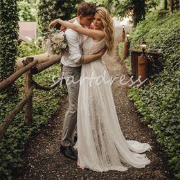 Fairytale Bohemian Laceful Wedding Dress 2024 O Neck Country Style Boho Beach Bride Dress Sexy Backless Sleeveless Bridal Gowns Elegant Civil Country Robe Mariage