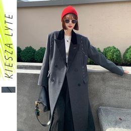 Jackets Woollen Coat Women 2023 Winter Grey Loose Patchwork Lapel Long Style Woollen Jackets High Fashion Outerwear