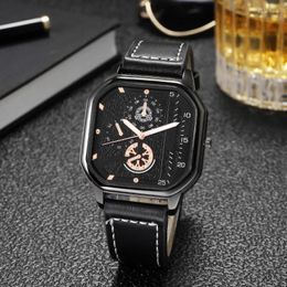 Wristwatches 2024 Men Watches Square Casual Fashion Business Leather Strap Fake Three Eye Quartz Wristwatch Drop