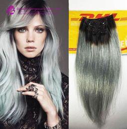 2015 Fashion black to grey mermaid Colourful ombre Brazilian clip in hair extensions Two ombre sliver grey clip in hair 7pcs Set9046627